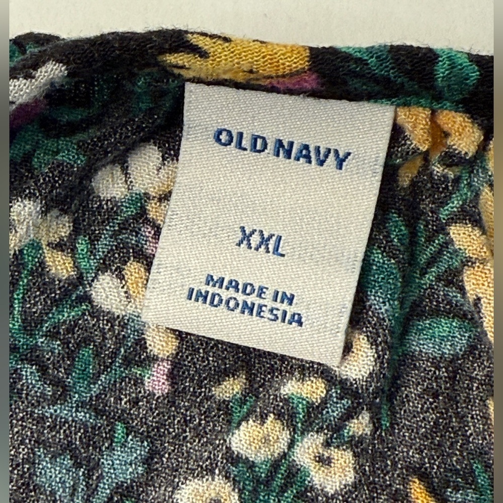 Old Navy Peasant Tie Front Blouse Rayon Black Yellow Purple Florals Ruffle 2X - Picture 7 of 12